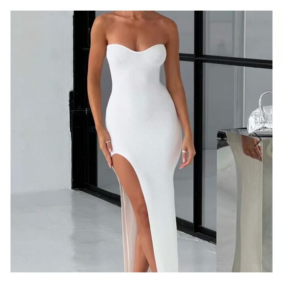 BABYBOO Dresses & Skirts - BABYBOO Angela Maxi White Knit Dress Size M Strapless Date Wedding Bridal Boho